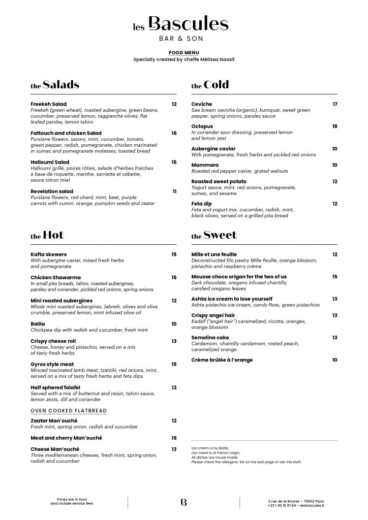 Carte du menu en anglais en PDF pour le bar Les Bascules à Paris